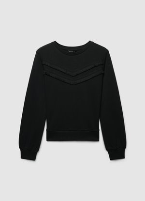 Felpa nera con maniche lunghe, scollo rotondo e due dettagli tessili orizzontali sfrangiati sul petto. Tessuto morbido, vestibilità corta.