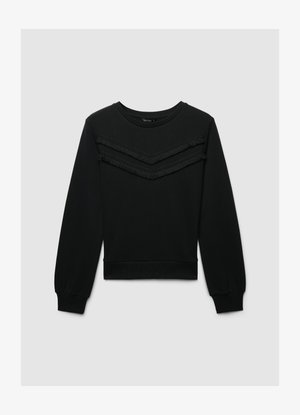 Black sweatshirt with long sleeves, rounded neckline, and two horizontal frayed fabric accents on the chest. Soft texture, cropped fit.