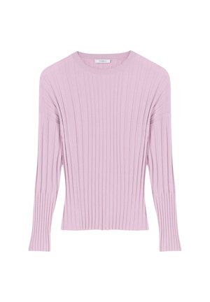 Lyserød ribstrikket sweater med lange ærmer, bred halsudskæring og en tilspidset form, med vertikal tekstur og en afslappet pasform.