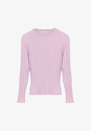 Jersey de punto acanalado en rosa claro con mangas largas, escote ancho y forma entallada, que presenta una textura vertical y un ajuste relajado.