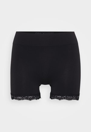Black cotton shorts with a fitted design and lace trim at the hem, featuring a soft waistband for comfort and a smooth texture.