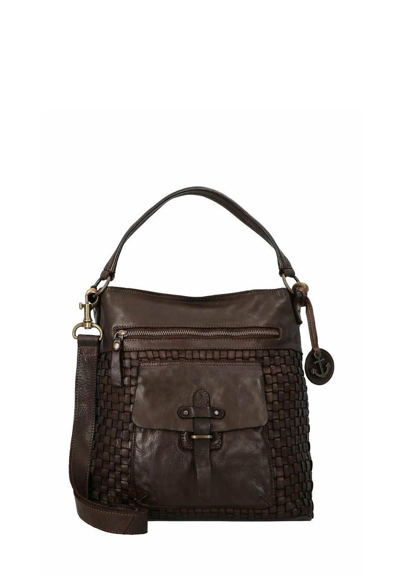 Bruine leren handtas met geweven textuur, dubbele hengsels, voorzak met rits en klepafsluiting. Heeft metalen accenten en een decoratieve hanger.