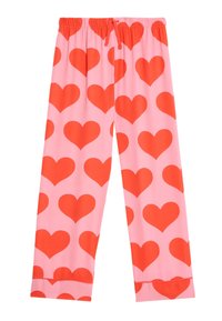 Pantalones de pijama con patrón de corazones rojos sobre un fondo rosa, con una cintura elástica y cordón. Tejido suave con un corte relajado.