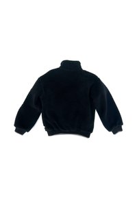 Czarna polarowa kurtka z wysokim kołnierzem, długimi rękawami oraz elastycznymi mankietami i dołem. Miękka faktura, jednolity design bez widocznych wzorów.