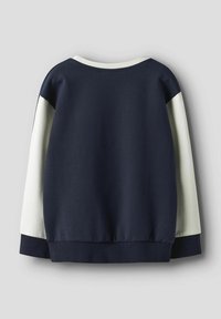 Felpa blu navy con maniche verde chiaro; realizzata in cotone morbido; colletto e orlo a coste; vestibilità ampia; design semplice, senza fantasie o decorazioni.