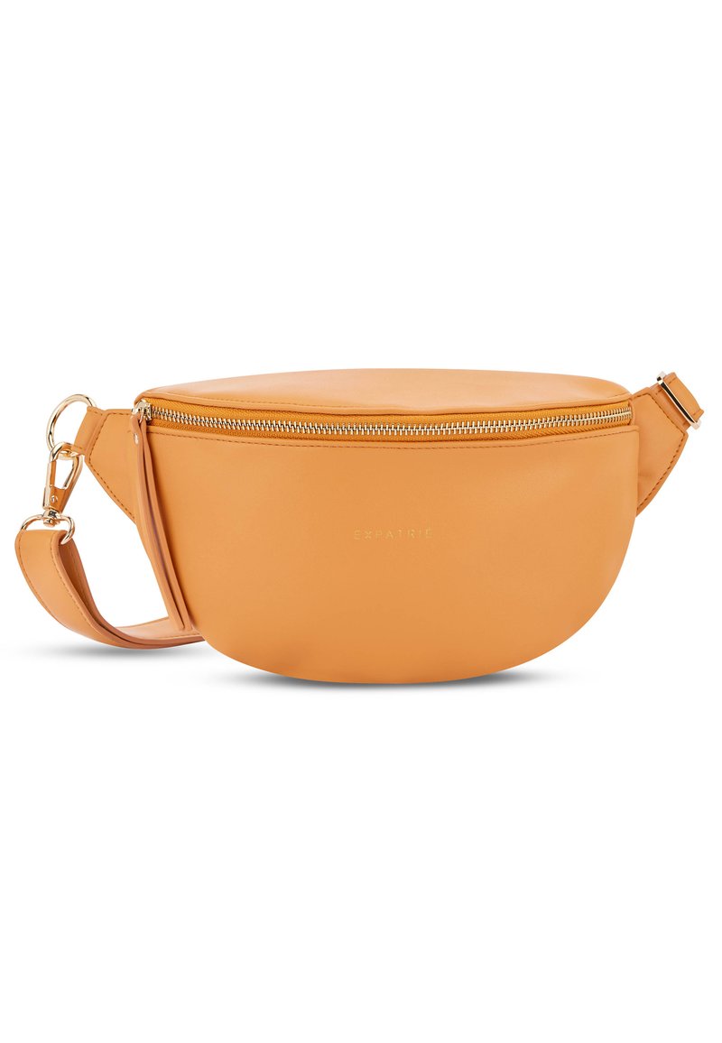 Borsa a tracolla rotonda in pelle arancione con zip dorata, tracolla regolabile e logo del marchio discreto sul fronte. Texture liscia, design minimalista.