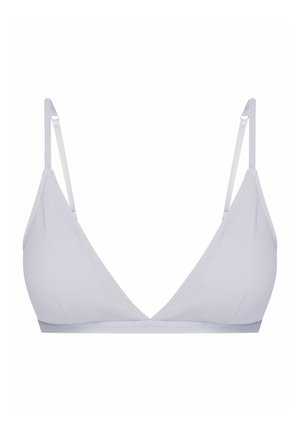 Helles graues Dreieck-Bralette mit dünnen verstellbaren Trägern, gerippter Textur und nahtlosem Design. Weicher Stoff mit minimalen Details.