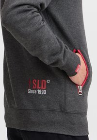 Hall hallipluus punaste detailidega, millel on tõmblukuga tasku ja tikandiga tekst. Pehme tekstuur, soonilised varrukasääred ja ääredetail.