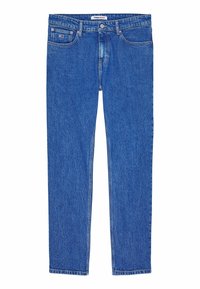 Jeans in denim blu con vestibilità a gamba dritta, cinque tasche e cuciture a contrasto. Presenta un'etichetta con logo sulla vita.