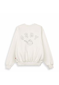 Biała bluza z grafiką, na której widnieje tekst "GRMY" oraz ilustracja pierożka na plecach. Ściągacze przy mankietach i u dołu.