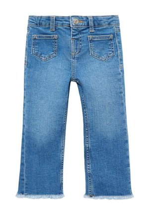 Jeans in denim blu con design a gamba dritta, dotati di quattro tasche, chiusura a bottoni e orlo sfrangiato nella parte inferiore.