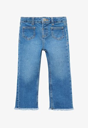 Jeans in denim blu con design a gamba dritta, dotati di quattro tasche, chiusura a bottoni e orlo sfrangiato nella parte inferiore.