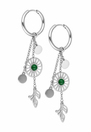 Silver hoop earrings with chains holding circular and leaf-shaped charms, featuring a green center stone in a cut-out floral design.