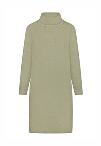 Robe-pull tricotée vert clair avec un col roulé haut, des manches longues et des poignets côtelés. Texture douce avec un design minimaliste.
