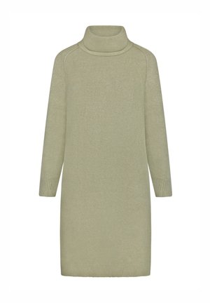 Robe-pull tricotée vert clair avec un col roulé haut, des manches longues et des poignets côtelés. Texture douce avec un design minimaliste.