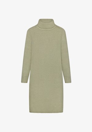 Robe-pull tricotée vert clair avec un col roulé haut, des manches longues et des poignets côtelés. Texture douce avec un design minimaliste.