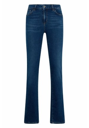 Pantalones vaqueros de mezclilla azul oscuro con diseño de pierna recta, estilo tradicional de cinco bolsillos y cierre frontal con botón y cremallera.