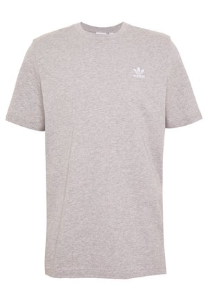 Jasnoszary bawełniany t-shirt z krótkim rękawem, okrągłym dekoltem i małym białym logo Adidas na lewej piersi.