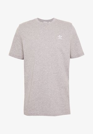 Jasnoszary bawełniany t-shirt z krótkim rękawem, okrągłym dekoltem i małym białym logo Adidas na lewej piersi.