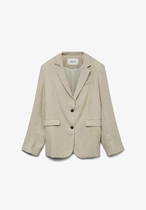 Beige linned blazer med spids klap, to forlommer og to sorte knapper. Har lange ærmer og en glat indvendig foring.