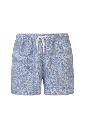 Niebieskie spodenki z białym wzorem paisley na wzór bandany, elastycznym pasem i białym sznurkiem do wiązania na środku z przodu.