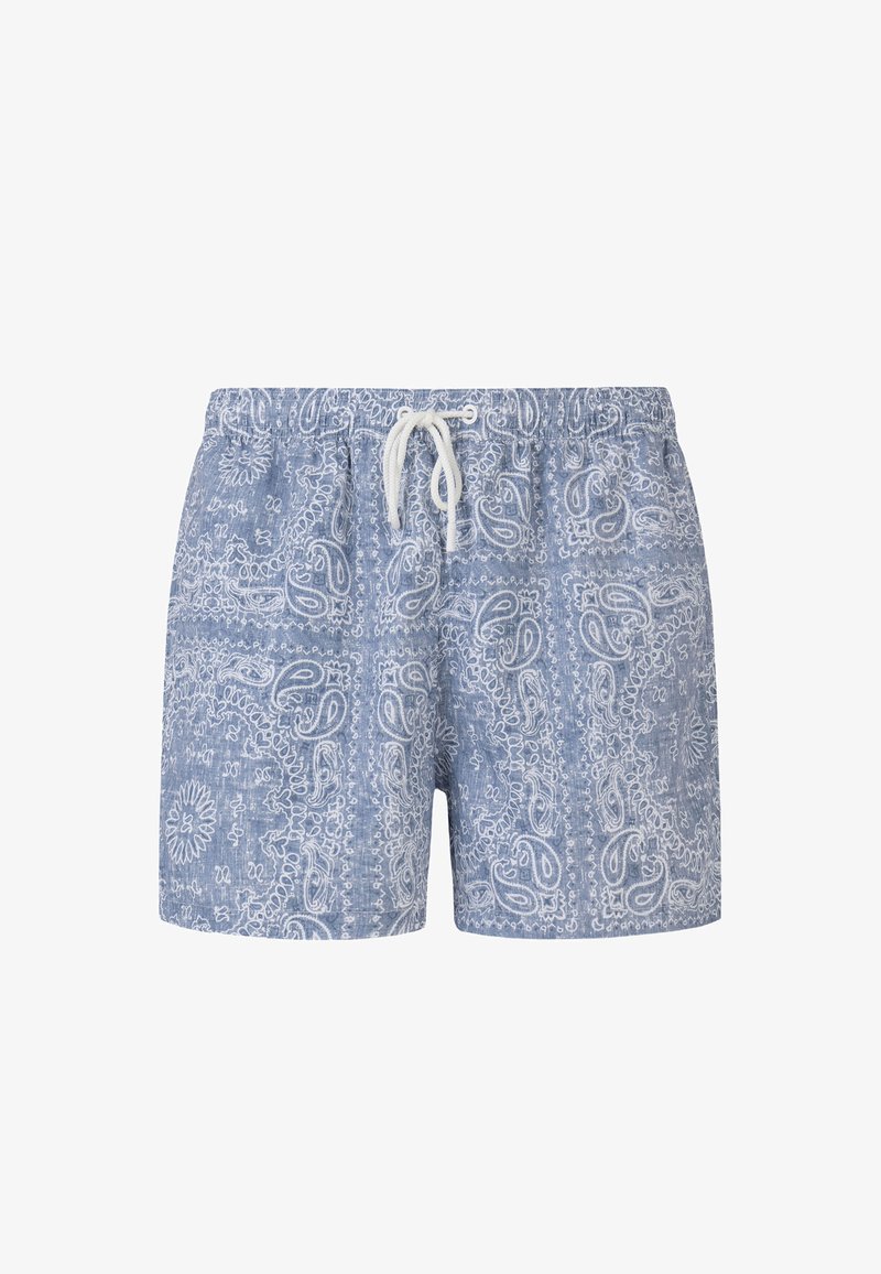 Shorts bleus avec motif bandana cachemire blanc, taille élastique et cordon de serrage blanc à l'avant au centre.