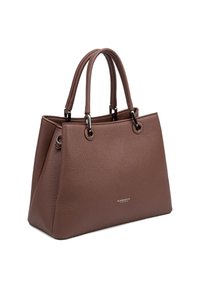 Borsa a tracolla in pelle marrone con texture, dotata di due manici superiori e anelli in metallo, forma rettangolare e piccolo logo del marchio sulla parte frontale.