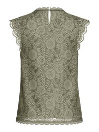 Oliveenvihreä hihaton pitsipaita, jossa on kukka- ja geometrisia kuvioita, aaltoilevat reunat ja avainreikänapit takana pääntiellä.