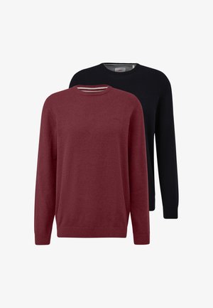 To ensfarvede crew neck trøjer, den ene mørkerød foran og den anden sort bagpå, begge med lange ærmer og ribkanter ved manchetter og kant.