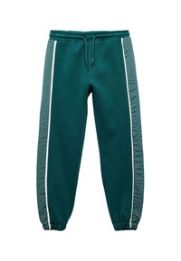 Teal trainingsbroeken met elastische tailleband, witte zijstrepen en getextureerde grijze stoffenpanelen aan de zijkanten. De boorden zijn gathered bij de enkels.