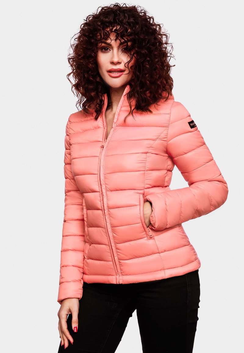 Light pink padded jacket featuring horizontal stitching, zip closure, high collar, and side pockets. Smooth, shiny texture.