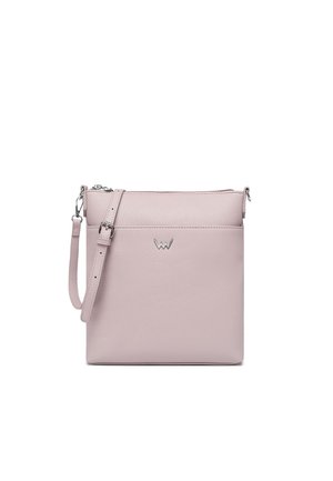 Light pink leather crossbody bag with a zip closure. Features a textured surface, adjustable strap, and silver logo accent.