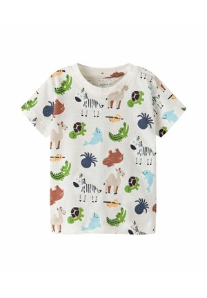 Biały t-shirt dla malucha z krótkim rękawem, ozdobiony kolorowymi, kreskówkowymi nadrukami zwierząt, w tym żółwi, zebr, delfinów, krokodyli, wielbłądów, hipopotamów i pająków.