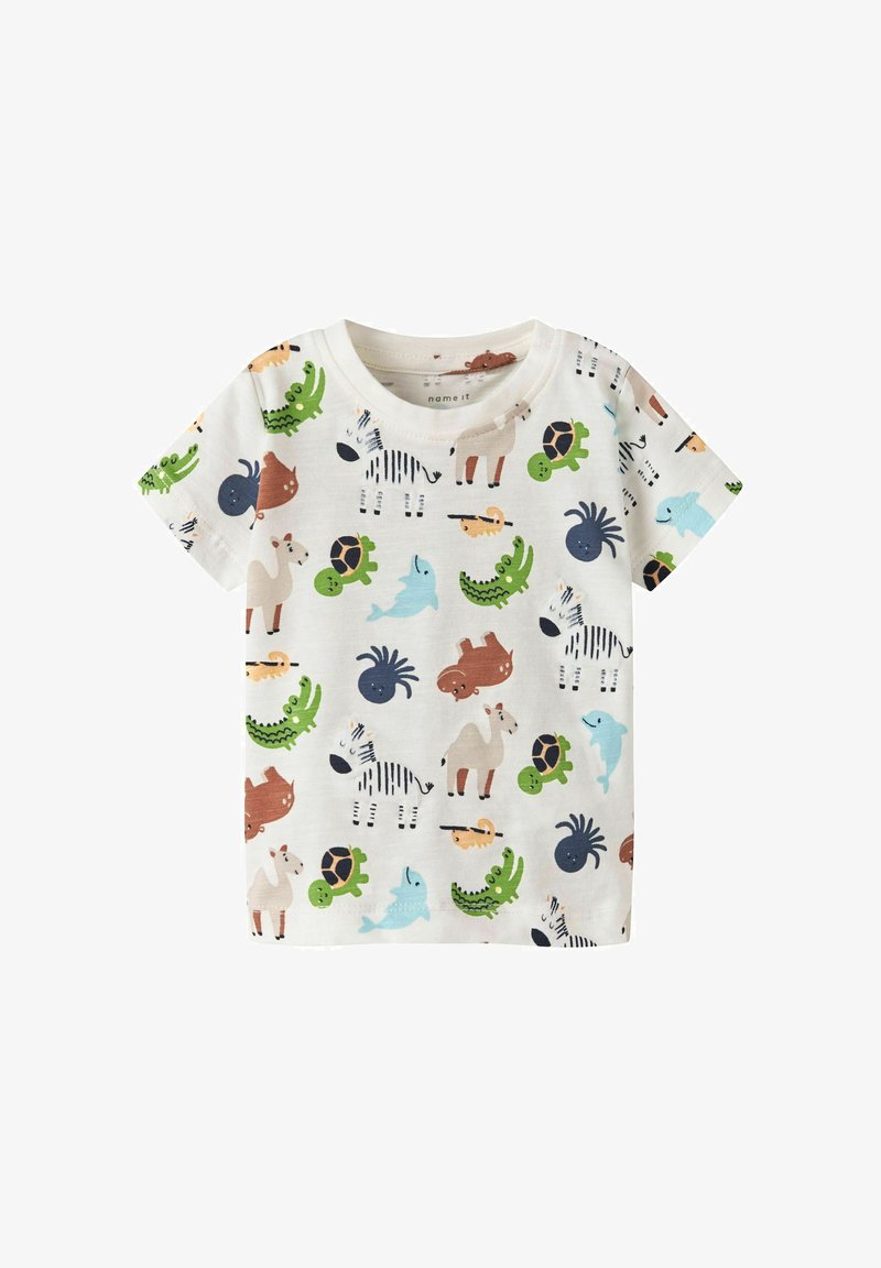 T-shirt blanc à manches courtes pour tout-petit avec des imprimés colorés d'animaux cartoon, comprenant des tortues, zèbres, dauphins, crocodiles, chameaux, hippopotames et araignées.