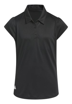 Polo noir à manches courtes avec trois boutons, petit logo Adidas sur l’ourlet inférieur gauche et un léger effet bouffant aux coutures d’épaules.