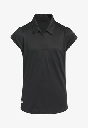 Czarna koszulka polo z krótkim rękawem, trzema guzikami, małym logo Adidas na dolnym lewym brzegu i delikatnym marszczeniem przy szwach na ramionach.