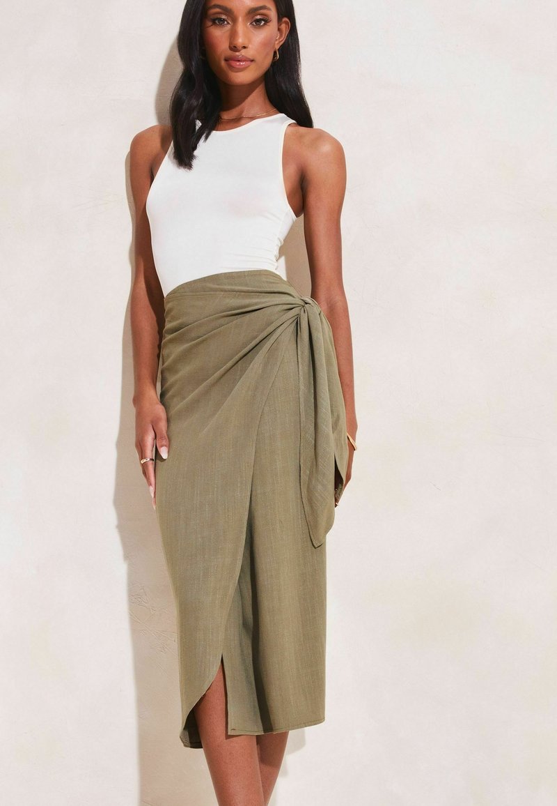 Lipsy TIE WAIST MIDI - REGULAR FIT - Wikkelrok - khaki green