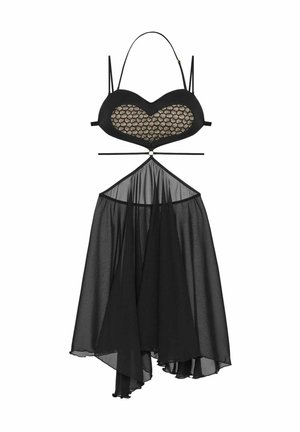 Black sheer dress with heart-shaped lace bust, thin straps, cutout midriff, and asymmetrical flowing skirt.