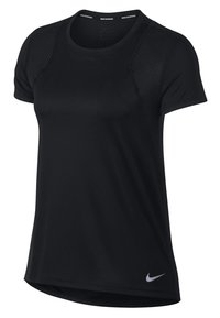 Camiseta de running negra de Nike con mangas cortas, paneles de malla en los costados, cuello redondo y un logotipo reflectante en la parte inferior izquierda delantera.