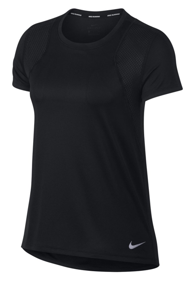 Camiseta de running negra de Nike con mangas cortas, paneles de malla en los costados, cuello redondo y un logotipo reflectante en la parte inferior izquierda delantera.
