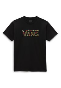 Černé tričko Vans s krátkým rukávem, na kterém je uprostřed hrudi umístěn květinový vzor s logem "Vans".