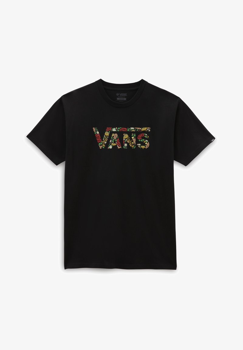 Černé tričko Vans s krátkým rukávem, na kterém je uprostřed hrudi umístěn květinový vzor s logem "Vans".