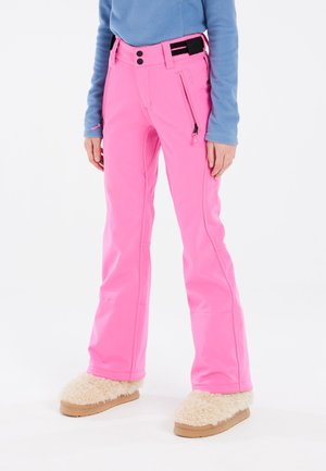 Pantalons de neige roses avec une coupe slim, fabriqués en matériau imperméable. Comprend des zippers, une taille ajustable et des accents à motifs.
