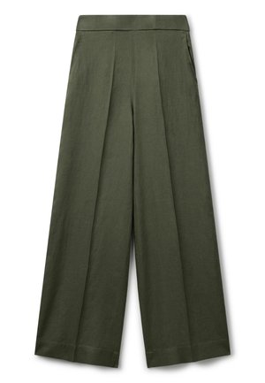 Pantaloni a gamba larga a vita alta in verde oliva con tasche laterali e pieghe frontali, progettati per una vestibilità ampia e confortevole.