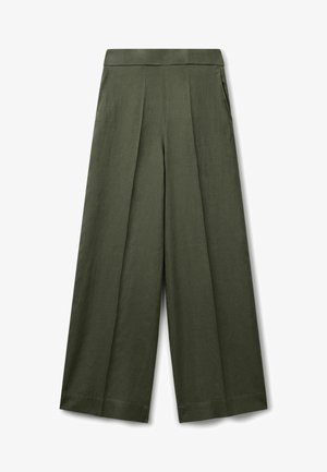 Hoch taillierte, weit geschnittene Hose in Olivegrün mit seitlichen Taschen und vorne liegenden Falten, entworfen für eine lockere, bequeme Passform.