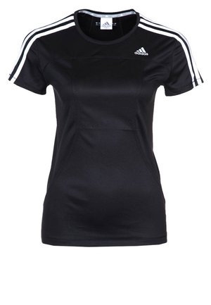 Zwart Adidas sportshirt met korte mouwen, witte strepen op de schouders en het Adidas-logo op de linkerborst en kraaglabel.