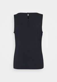 Top negro sin mangas hecho de una tela suave. Presenta un cuello redondo con un corte en forma de ojo de cerradura en la espalda y un dobladillo recto.