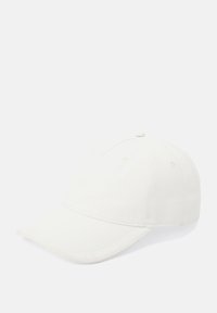 White cotton baseball cap with a curved brim, six ventilation eyelets, and a top button, featuring a smooth texture and minimal design.