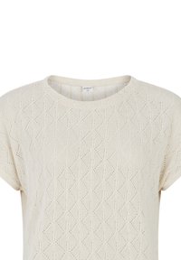 Maglione corto a maniche corte in crema, con un motivo a diamante e punti aperti, e collo a giro. Texture morbida e vestibilità casual.