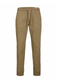 Pantalons kaki avec une taille élastique, fermeture à cordon, design de jambe fuselée et ourlets à revers. Fabriqués en un tissu en coton mélangé lisse.
